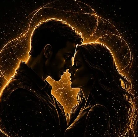 Pareja en penumbra dorada, atmósfera de atracción y seducción